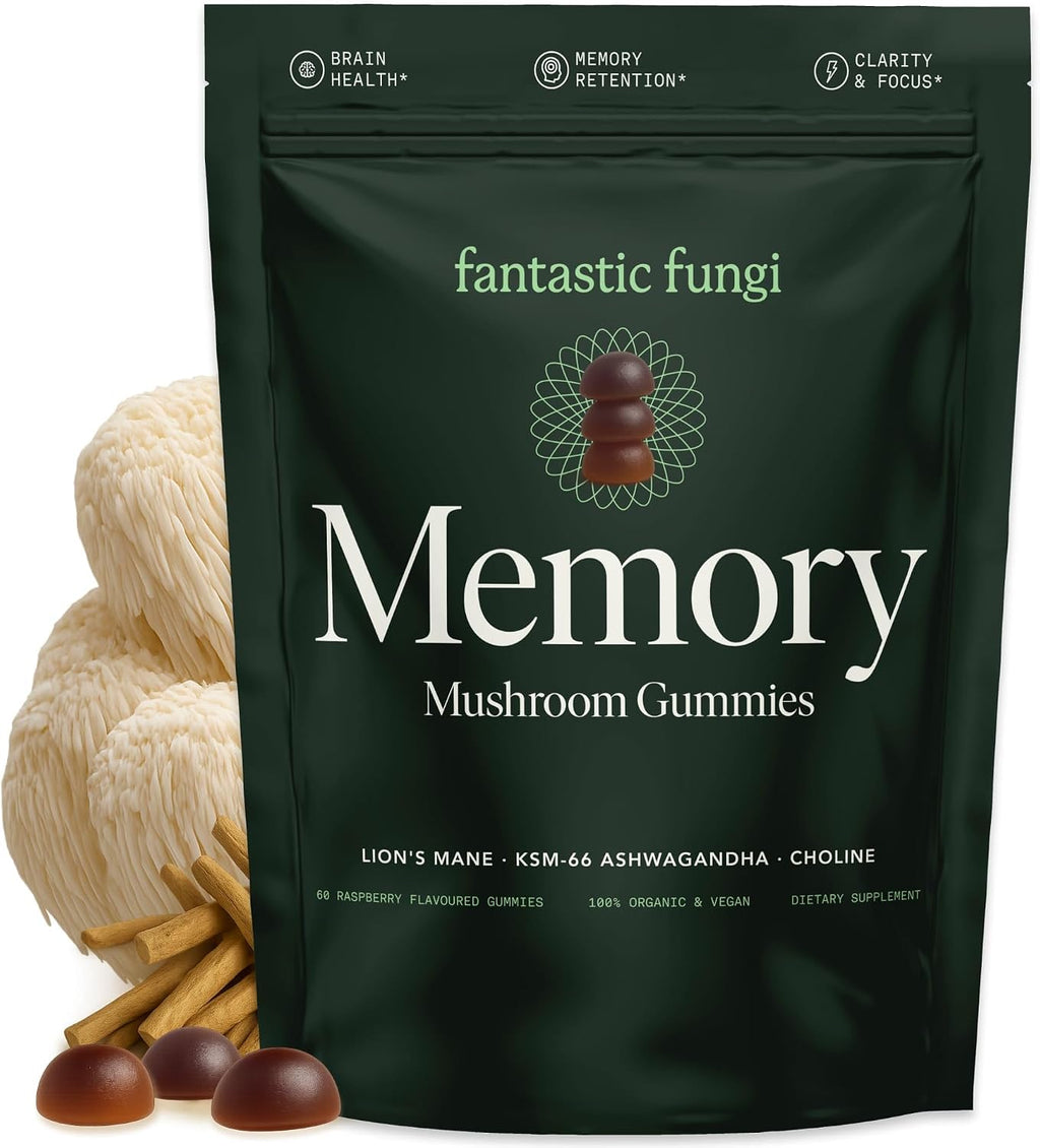 Gominolas de Hongos Orgánicos para el Enfoque y la Memoria, León Melena, Colina y Ashwagandha para Adultos | Vegano, Sabor Agridulce | 1 Mes de Suministro | 60 Gomitas