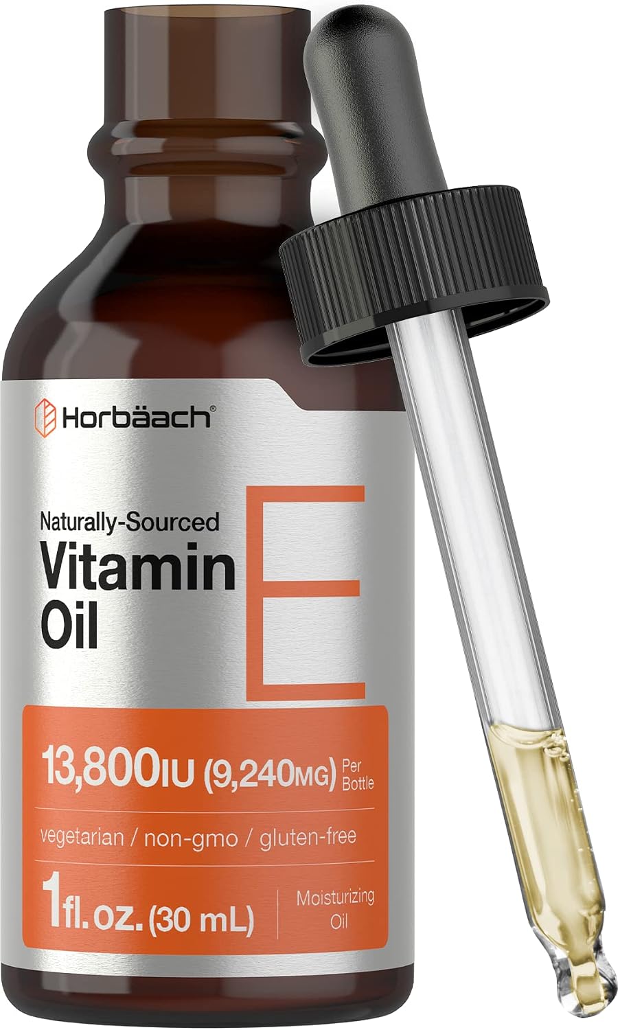 Horbäach Aceite de Vitamina E, 13,800 UI, 28 ml (1 oz) - Suplemento Líquido Natural, Vegetariano, Sin OGM y Sin Gluten