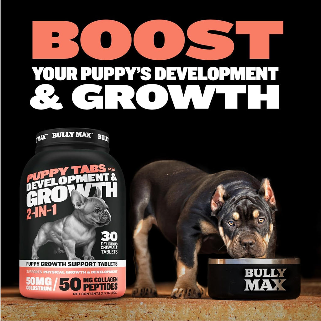 Bully Max 2-en-1 Vitaminas para Cachorros - 30 Comprimidos Masticables para el Crecimiento y Desarrollo - 2 Frascos