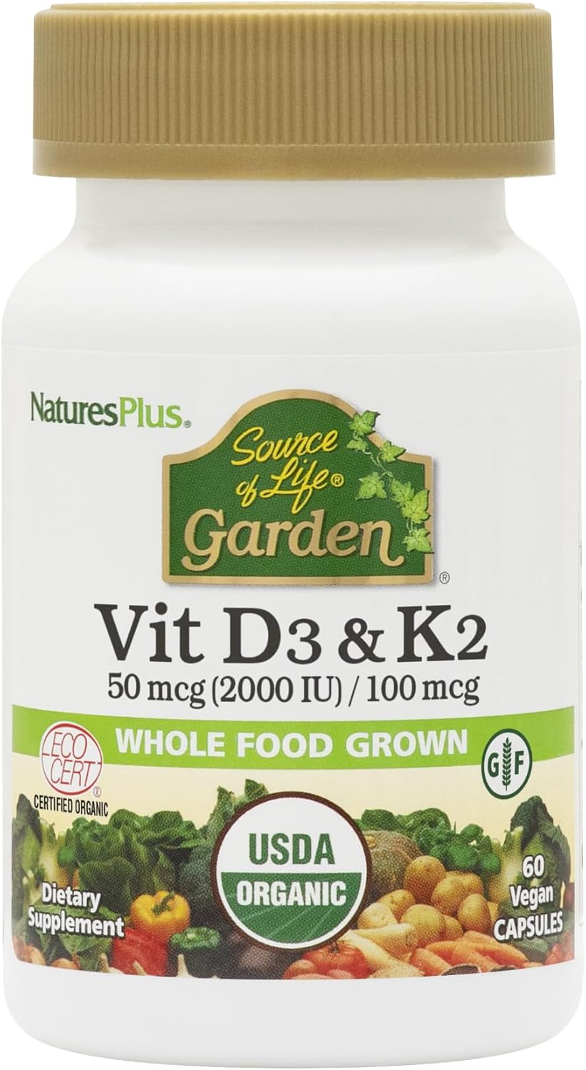 NaturesPlus Source of Life Garden Vitamina D3 y K2 - 60 Cápsulas - Apoyo Inmunológico y Óseo - Orgánico, Vegano, Sin Gluten