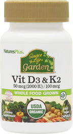 NaturesPlus Source of Life Garden Vitamina D3 y K2 - 60 Cápsulas - Apoyo Inmunológico y Óseo - Orgánico, Vegano, Sin Gluten