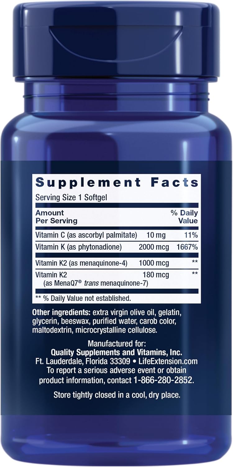 Life Extension Super K - Complejo de Vitamina K1 y K2, 2000 mcg K1 y 1180 mcg K2, 90 Cápsulas Blandas