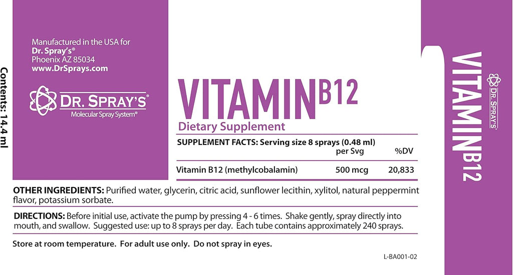 Vitamina B12 Vegano en Spray, Sabor a Menta, 30 Días de Suministro, Sin Azúcar, de Dr. Spray's