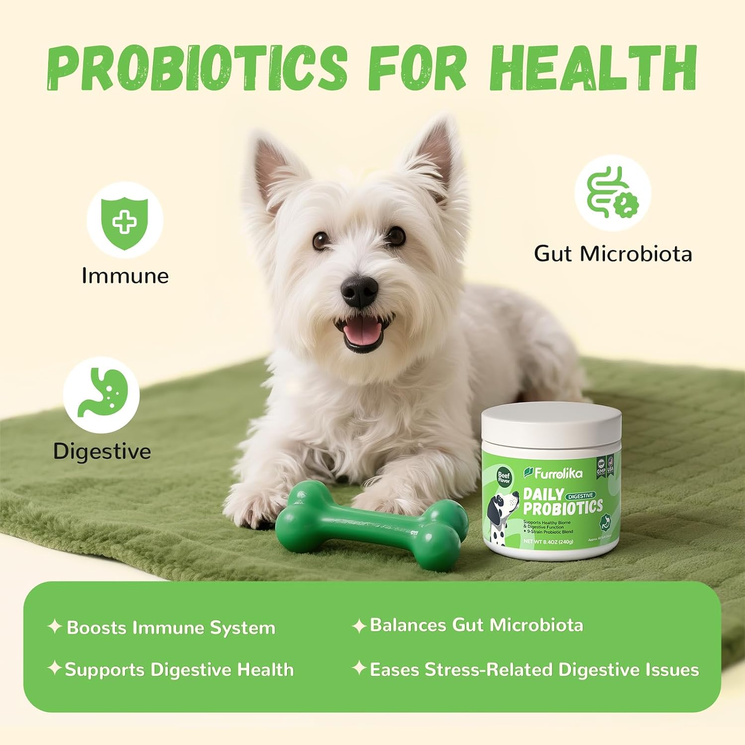 60 Count Probiotics Soft Chews – Made in The USA – Supplements for Gut Health, Digestive Support, Immune Support & Diarrhea Relief – Beef Flavor Dog Probiotic