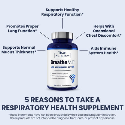1MD Nutrition BreatheMD - Suplemento respiratorio e inmunológico con Saúco, Cromo y NAC, 60 cápsulas