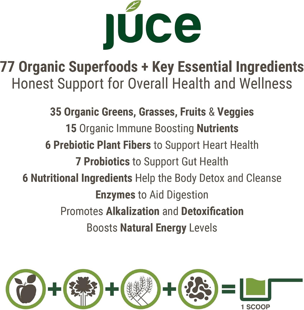 Juce Greens Organic Superfood Powder - 77 Superfoods con Hongos Adaptógenos y Probióticos - Sabor Manzana (20 Servicios)