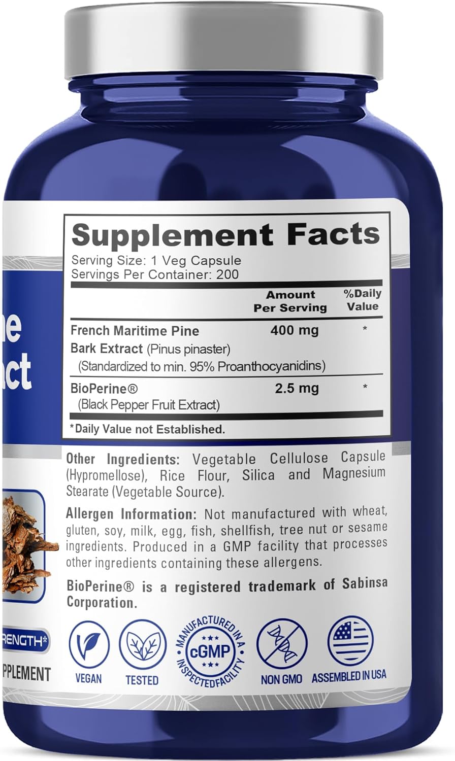 NusaPure Extracto de Corteza de Pino Marítimo Francés 400mg - 200 Cápsulas Veganas