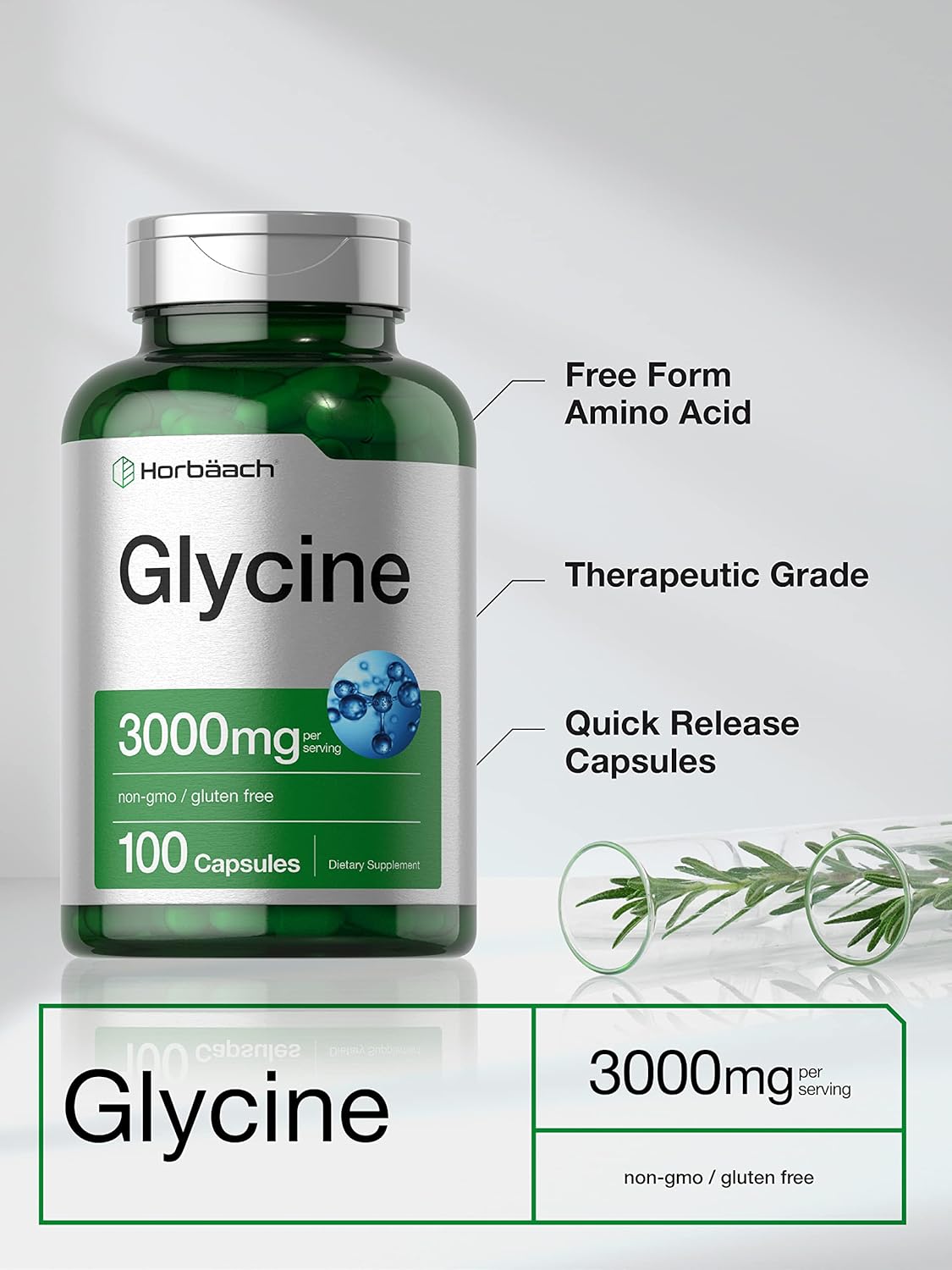Horbäach Glicina 3000mg | 100 Cápsulas | No-GMO, Sin Gluten