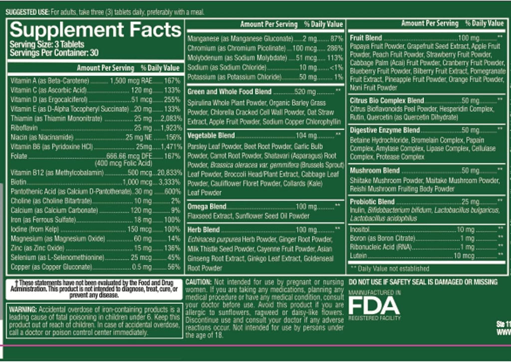 Whole Food Multivitamin for Men and Women - Complete Daily Superfood Vitamins Plus Minerals, Digestive Enzymes, Probiotics and Omegas