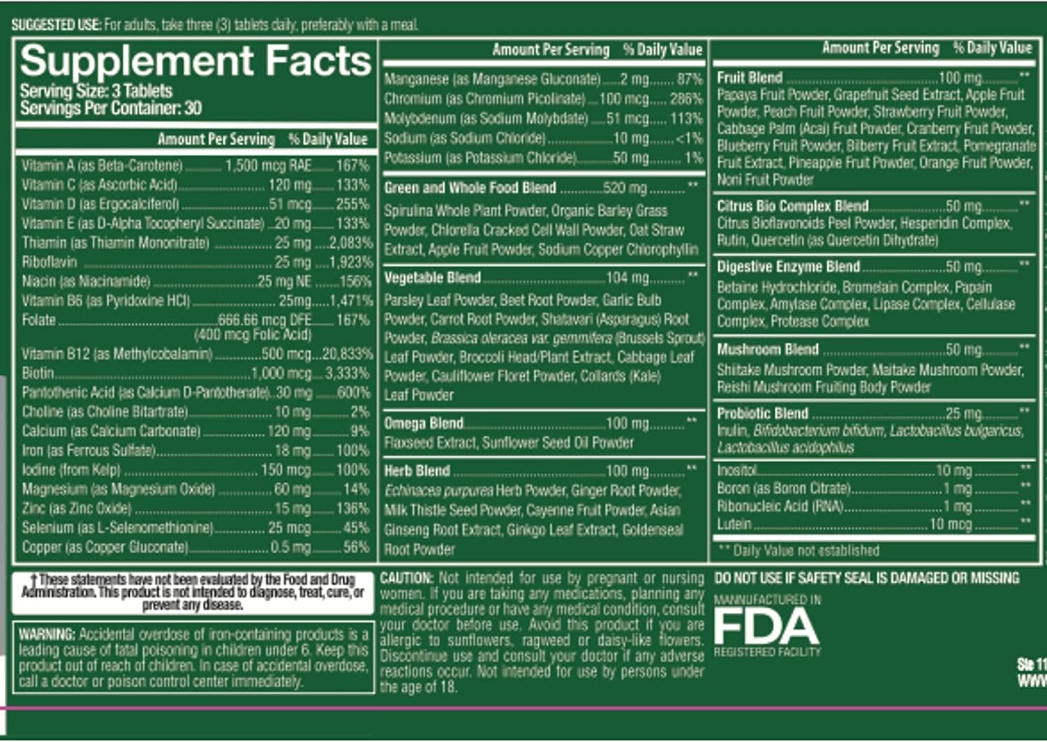 Whole Food Multivitamin for Men and Women - Complete Daily Superfood Vitamins Plus Minerals, Digestive Enzymes, Probiotics and Omegas
