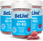BeLive Gominolas de Vitamina D3 y B12 | 2000 IU D3 + 500 mcg B12 | Sabor Fresa | 3 Paquete (180 Gominolas)
