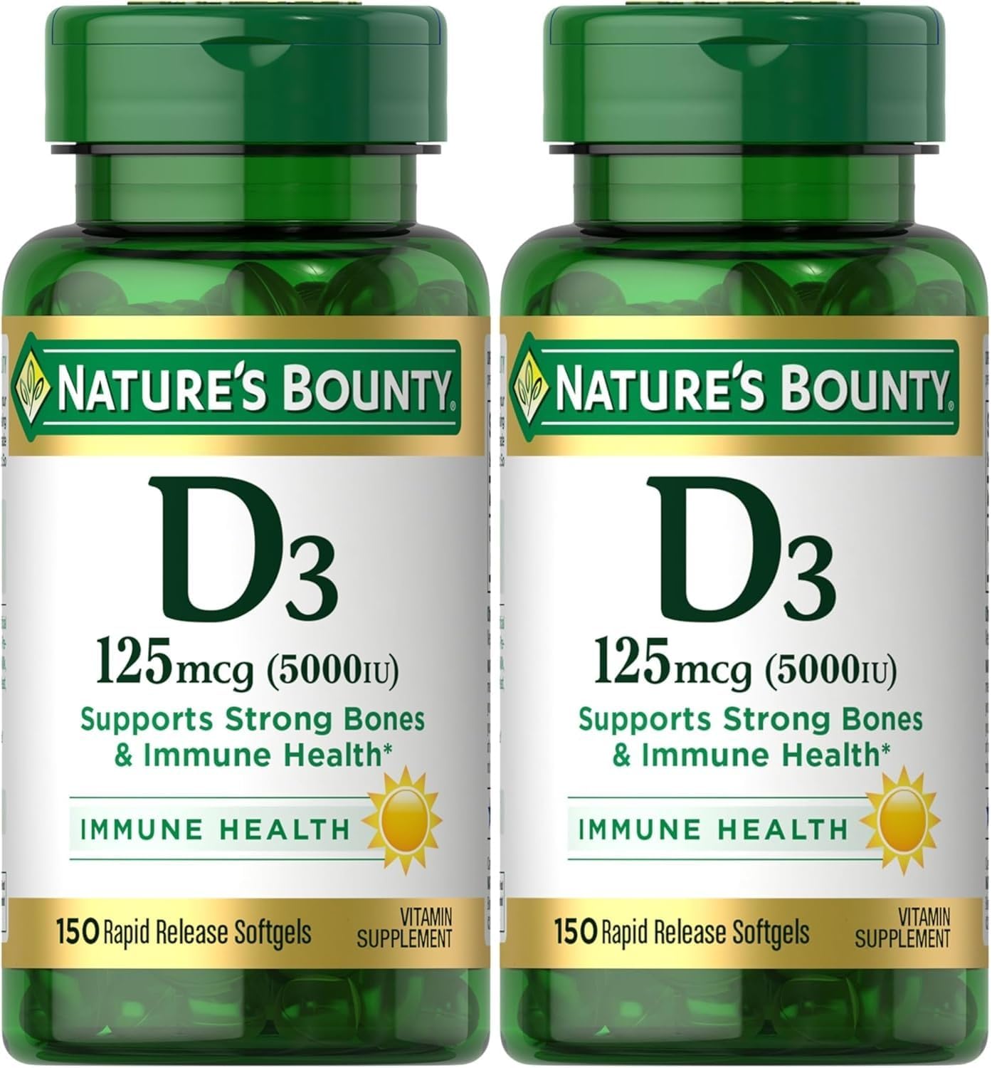 Nature's Bounty Vitamina D3 5000 UI, Softgels, 150 unidades (Paquete de 2)