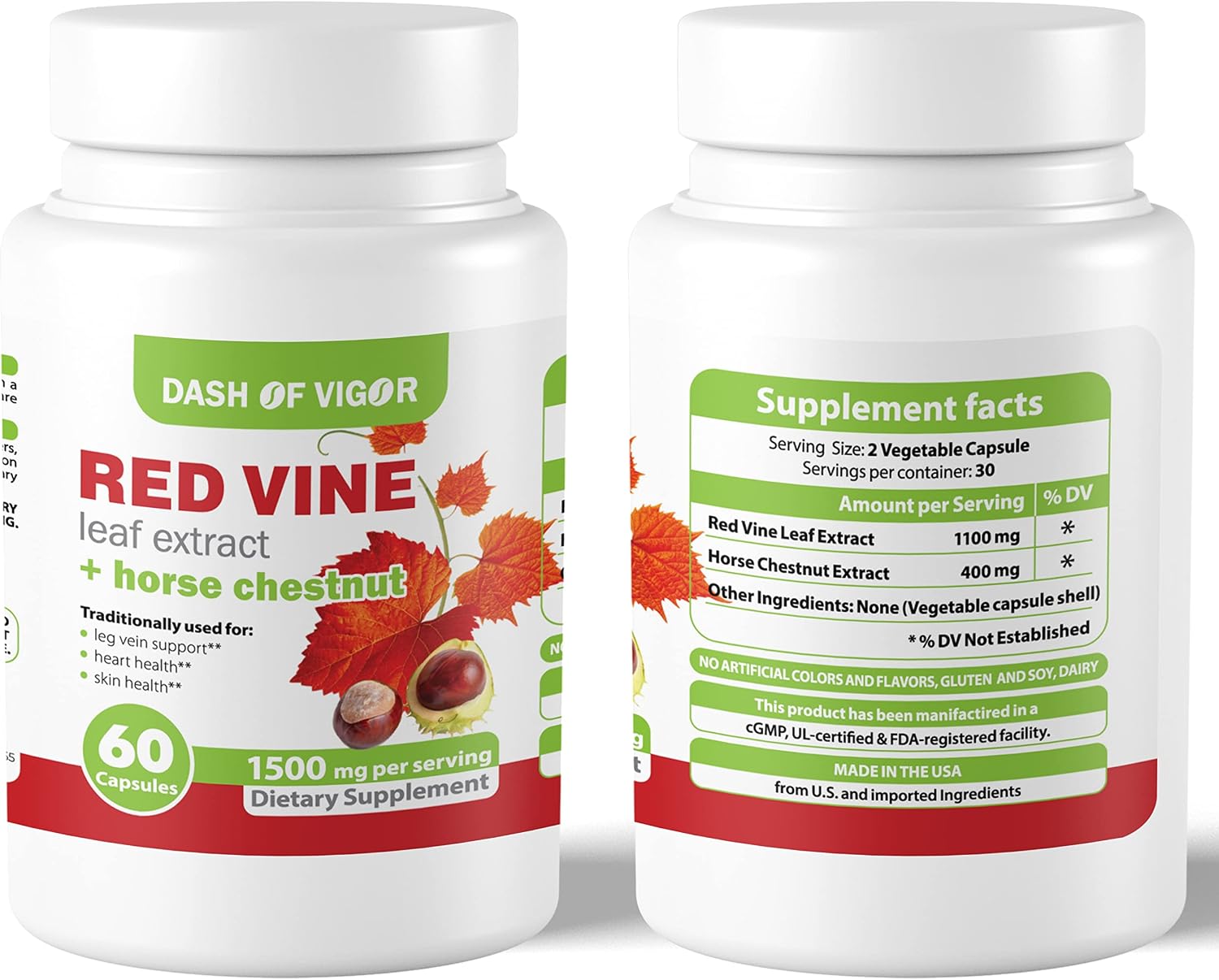 Dash of Vigor Extracto de Hoja de Vid Roja (Vitis Vinifera) y Castaño de Indias, 1500 mg, 60 Cápsulas
