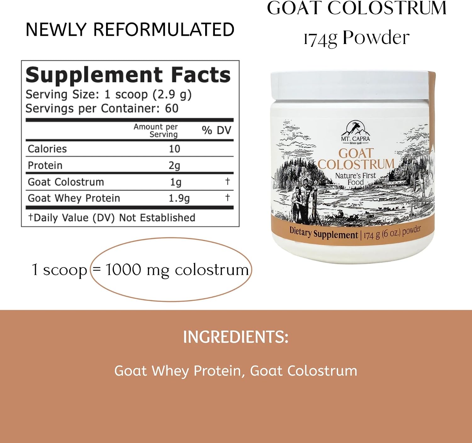 Mt. Capra Calostro de Cabra | Grass-Fed, Alto en Inmunoglobulinas | 60 Servicios - 174 g