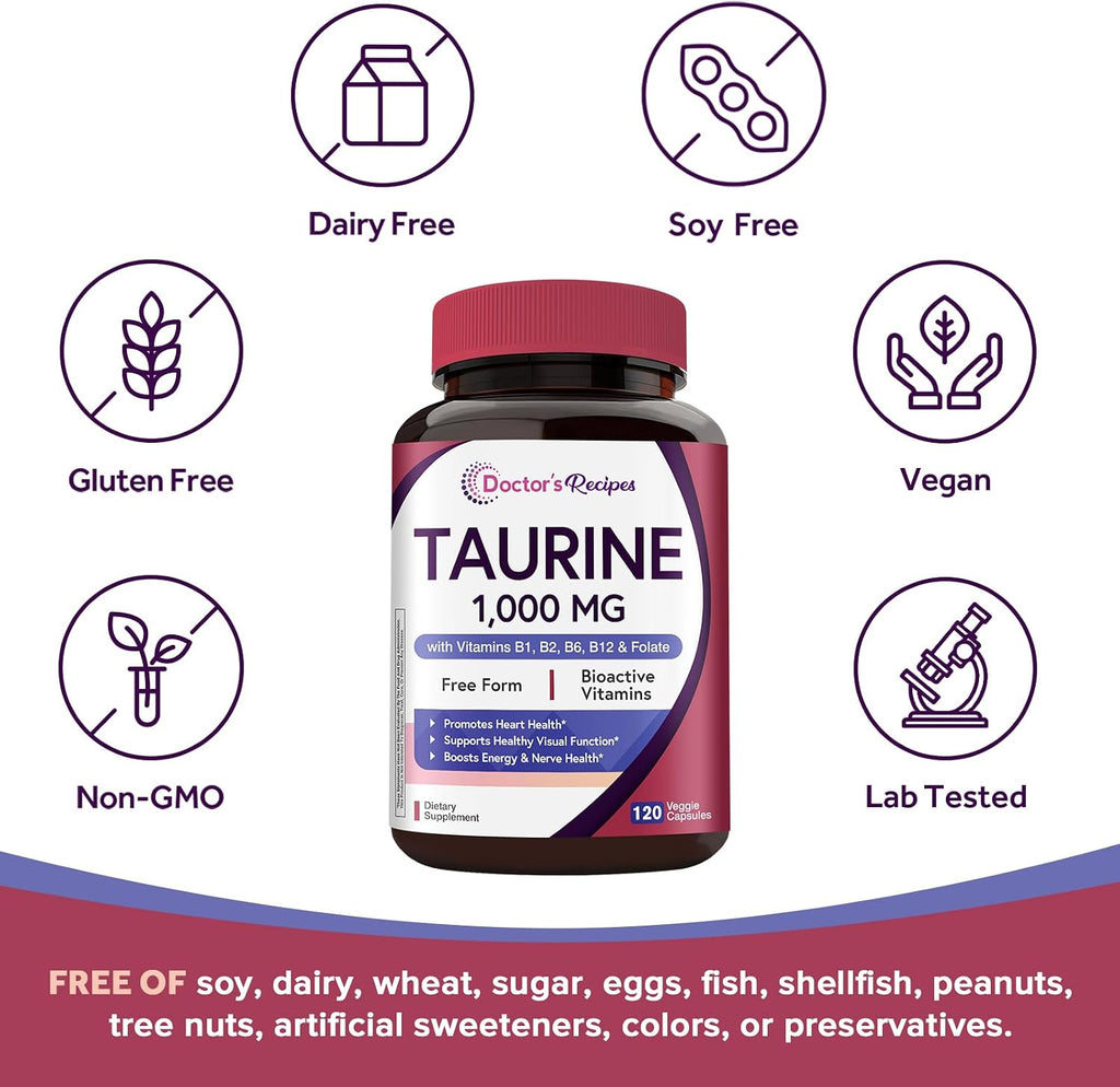 Doctor's Recipes Suplemento de Taurina 1000mg con Vitaminas B, 120 Cápsulas Vegetales