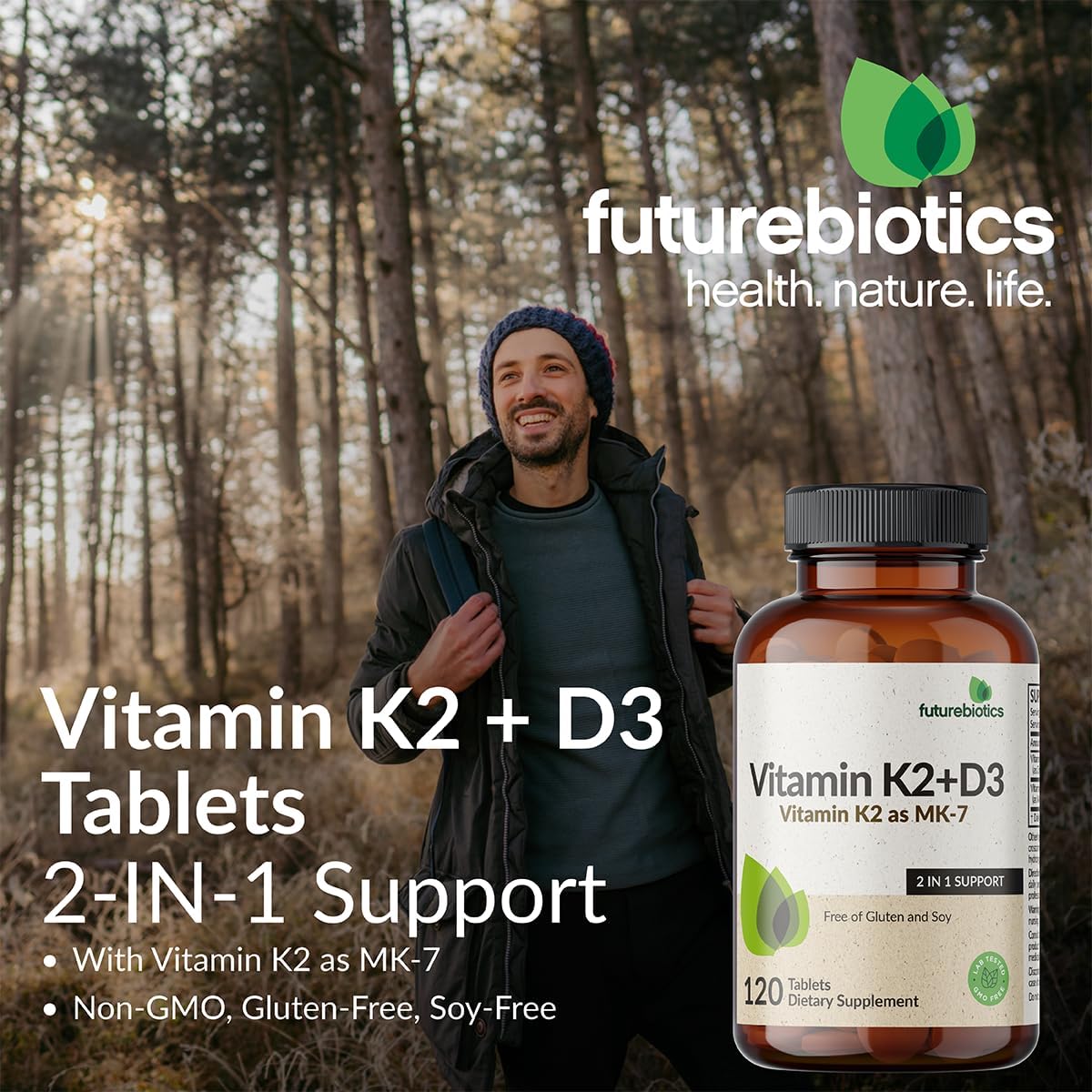 Futurebiotics Vitamina K2 con D3, 2 en 1, 5000 UI Vitamina D3 y 90 mcg Vitamina K2 MK-7, 120 Comprimidos