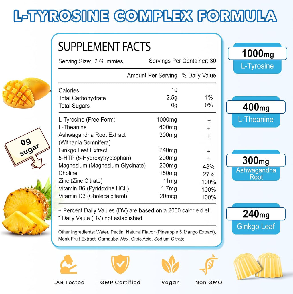 Gomitas de L-Tirosina con L-Teanina, Vitaminas B6 y D3, y Complejo de 10 Ingredientes - 120 Unidades (2 Paquetes)