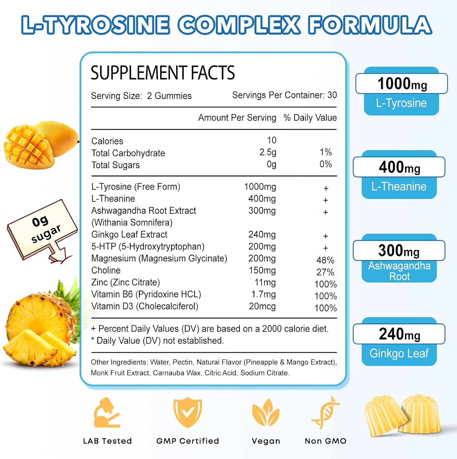 Gomitas de L-Tirosina con L-Teanina, Vitaminas B6 y D3, y Complejo de 10 Ingredientes - 120 Unidades (2 Paquetes)
