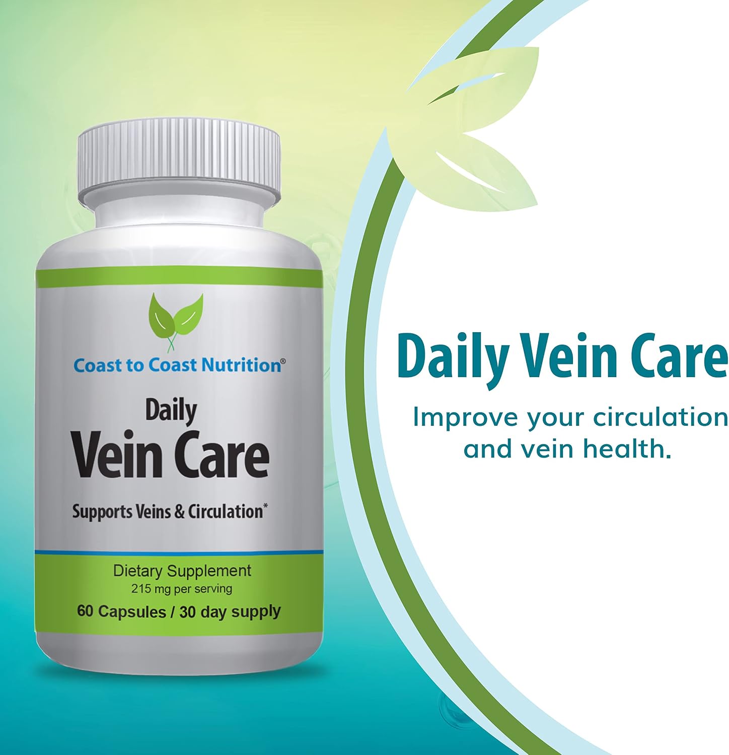 Daily Vein Care Supplement Capsules — Fórmula de Circulación con Calcio, Vitamina D3, Vitamina K2 y BioPerine para Máxima Absorción — 60 Cápsulas