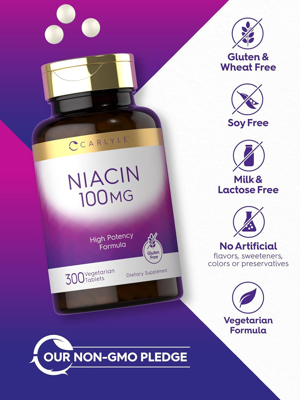 Carlyle Niacina 100mg | 300 Comprimidos Vegetarianos | Sin Gluten, No OGM | Alta Potencia