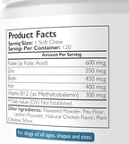 Folate para perros para promover la salud cardiovascular y prenatal, apoyar la síntesis de ADN y el mantenimiento celular, ácido fólico para perros con zinc, biotina, hierro y vitamina B12, 120 masticables blandos