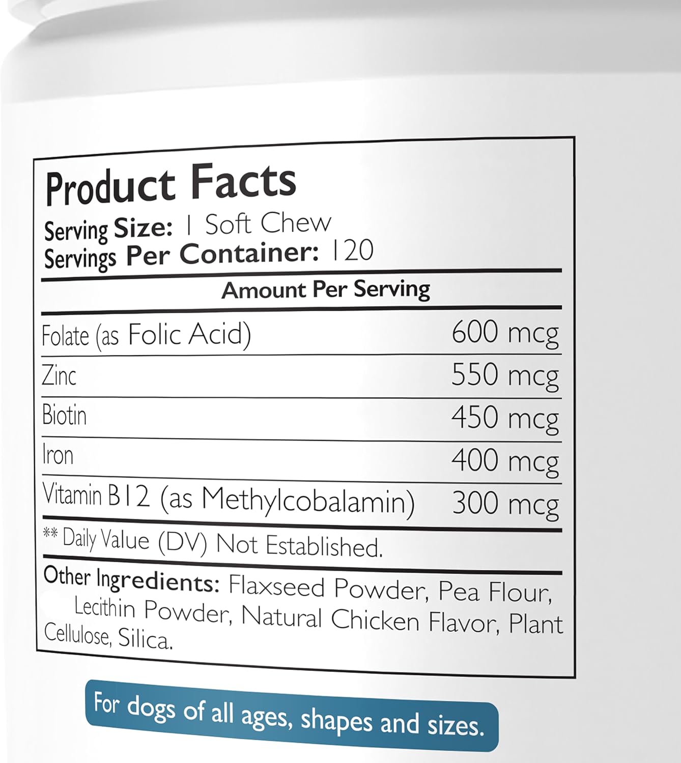 Folate para perros para promover la salud cardiovascular y prenatal, apoyar la síntesis de ADN y el mantenimiento celular, ácido fólico para perros con zinc, biotina, hierro y vitamina B12, 120 masticables blandos
