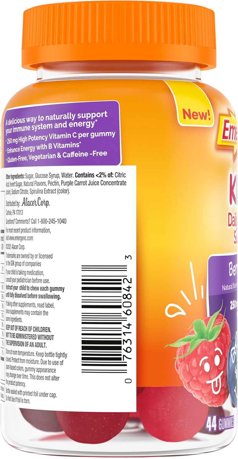 Emergen-C Kidz Gomitas de Apoyo Inmunitario con Vitamina C y B, Sabor Berry Bash, 44 uds