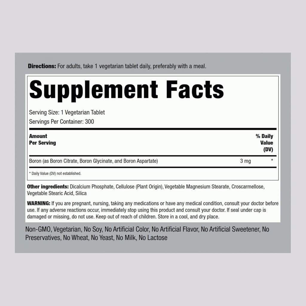 Piping Rock Boro Suplemento | 3 mg | 300 Comprimidos | Triple Complejo (Glicinato, Aspartato, Citrato) | Vegetariano, No Transgénico, Sin Gluten