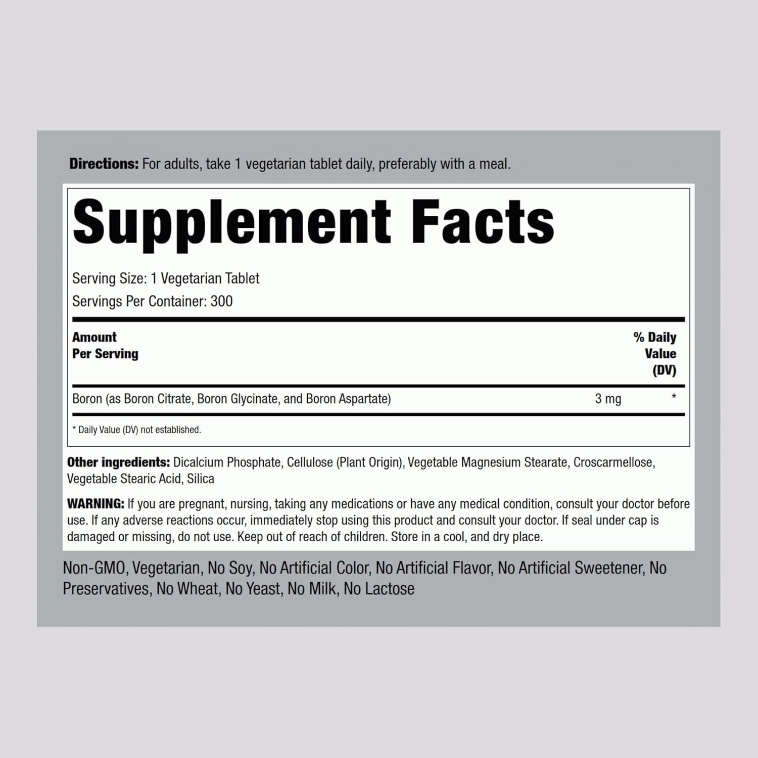 Piping Rock Boro Suplemento | 3 mg | 300 Comprimidos | Triple Complejo (Glicinato, Aspartato, Citrato) | Vegetariano, No Transgénico, Sin Gluten