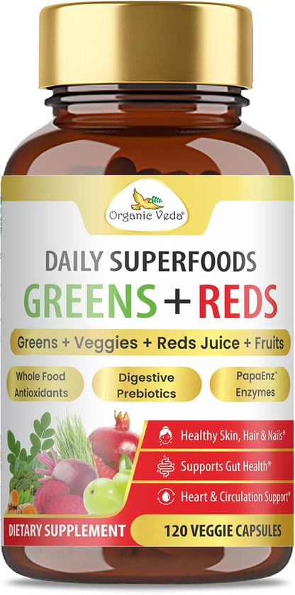 Organic Veda Mezcla de Superalimentos Verdes, Rojos, Frutas y Verduras - 120 Cápsulas – Image 1