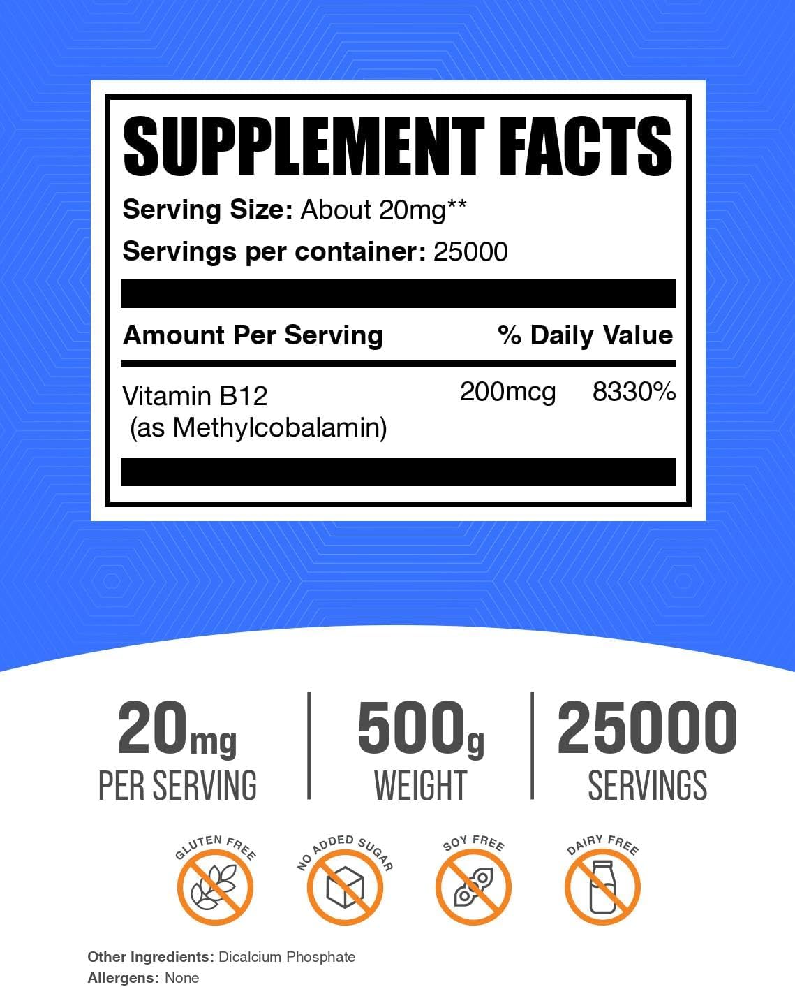 Vitamina B12 Metilcobalamina en Polvo - 500g - BulkSupplements