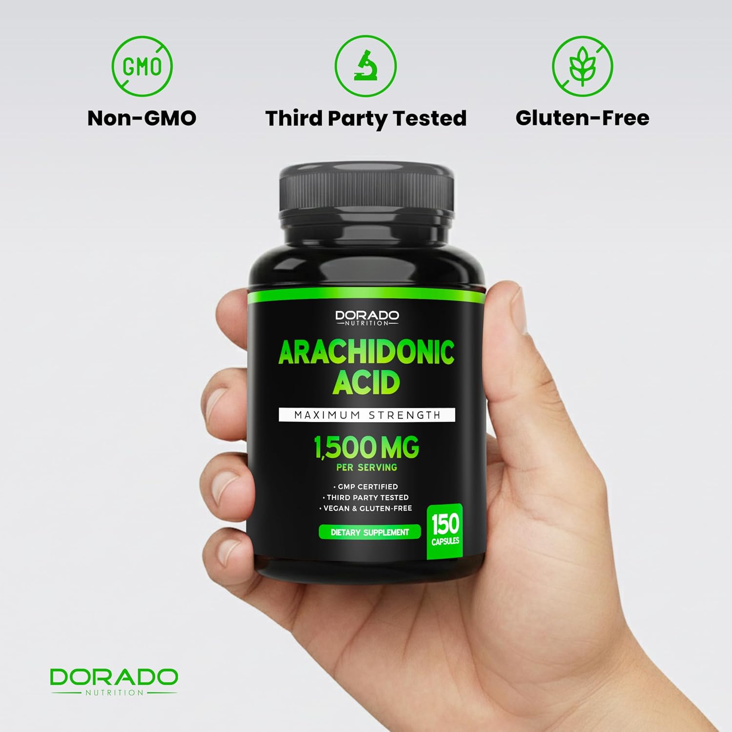 Suplemento de Ácido Araquidónico 1500mg (150 Cápsulas) - Apoyo Muscular y de Fuerza para Hombres y Mujeres - Sin Gluten y No GMO - Probado por Terceros