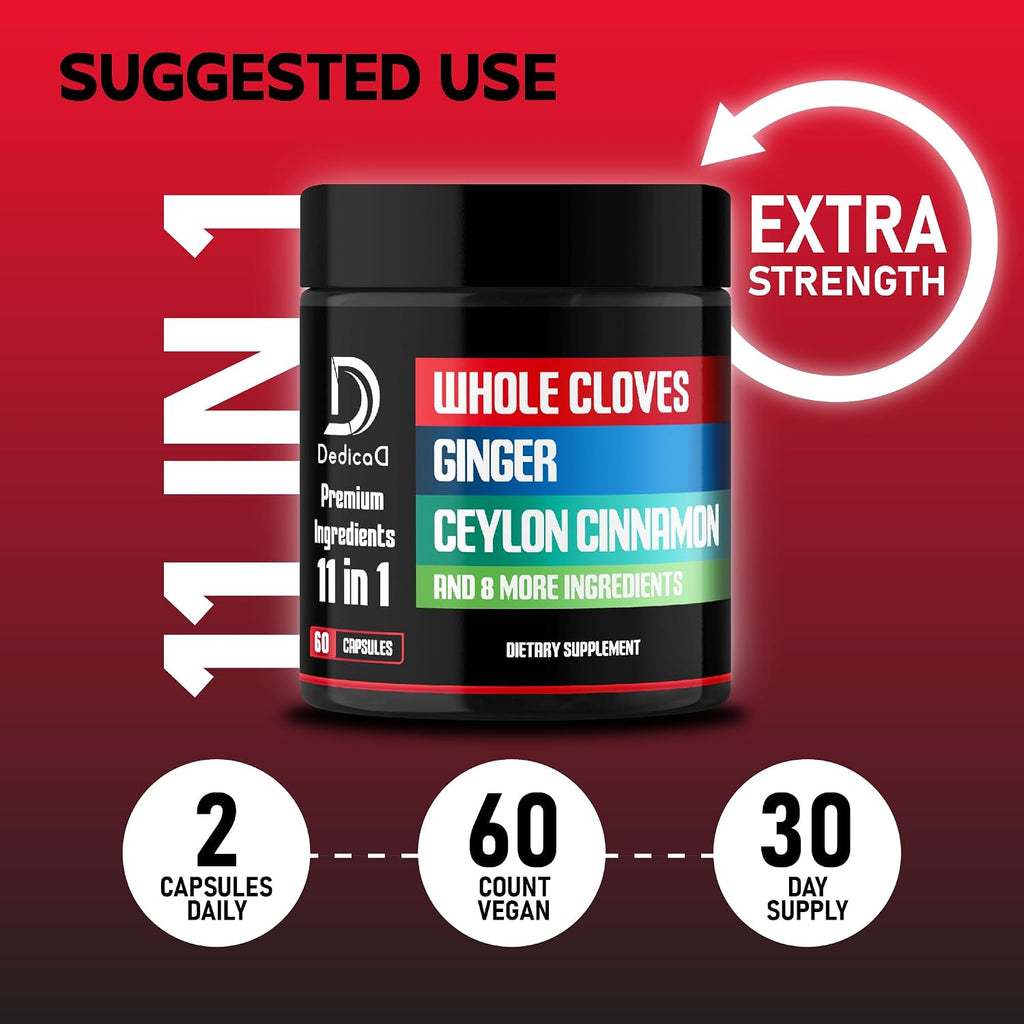 DEDICAD 11in1 Cloves Supplement with Ginger, Ceylon Cinnamon and 8 Other More - Digestive, Immune System, Mood Support - 60 Capsules - 30 Days Supply