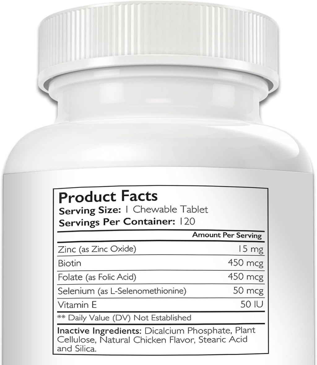 Nutrition Strength Zinc para Perros - Apoyo a la Piel y el Pelaje, Crecimiento Normal, Función Inmune y Metabolismo Celular, con Biotina, Folato, Selenio y Vitamina E, 120 Comprimidos Masticables