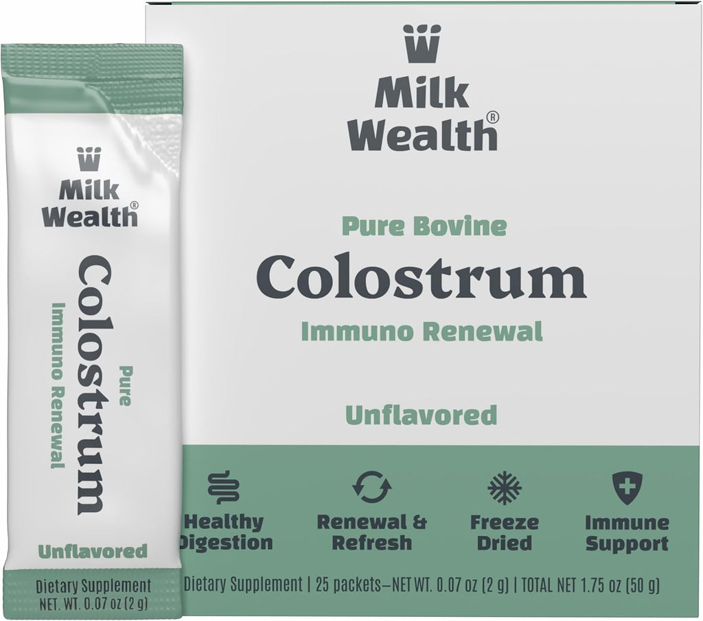 Milk Wealth™ Calostro Bovino en Polvo 50g | Liofilizado con IgG Natural | Apoyo Inmunitario y Salud Intestinal | Pasto Alimentado y Sin Sabor | No Transgénico y Sin Gluten | 25 Sobres Individuales (2g Cada Uno)