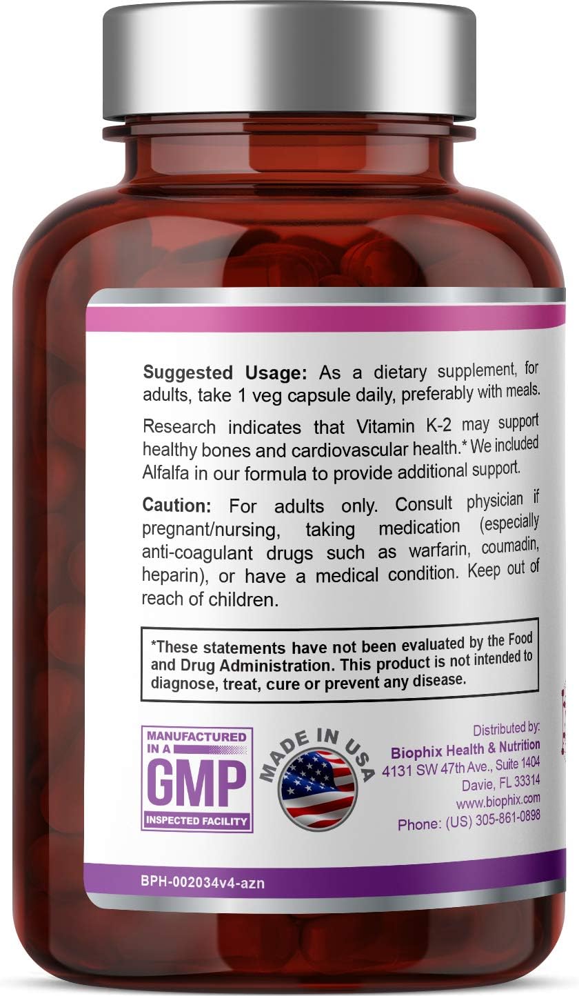 biophix Vitamina K2 MK-4 100 mcg 200 Cápsulas con Alfalfa - Huesos Fuertes y Salud Inmunitaria
