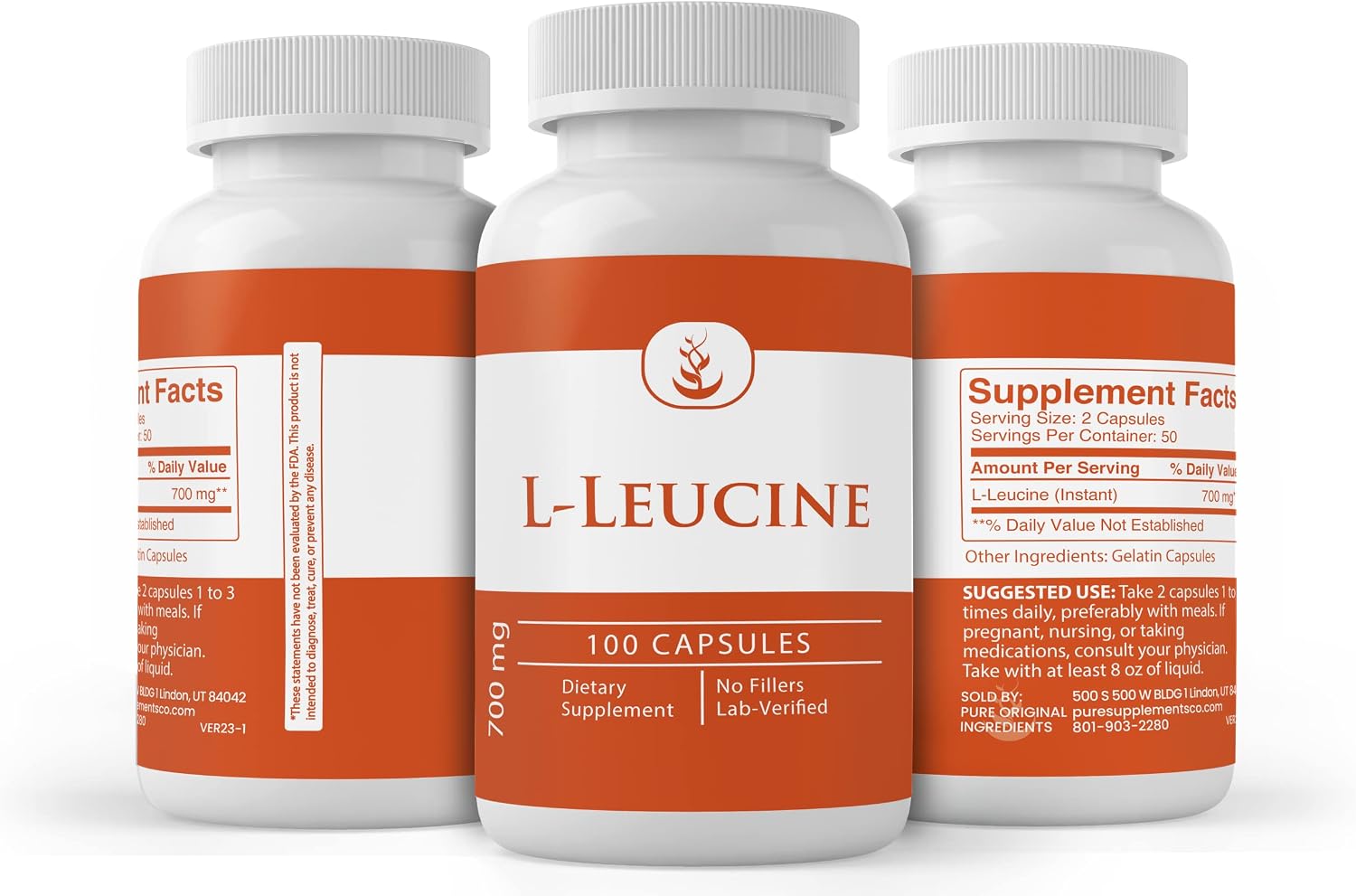 PURE ORIGINAL INGREDIENTS L-Leucina (100 Cápsulas) - Puro, Sin Aditivos, Verificado en Laboratorio