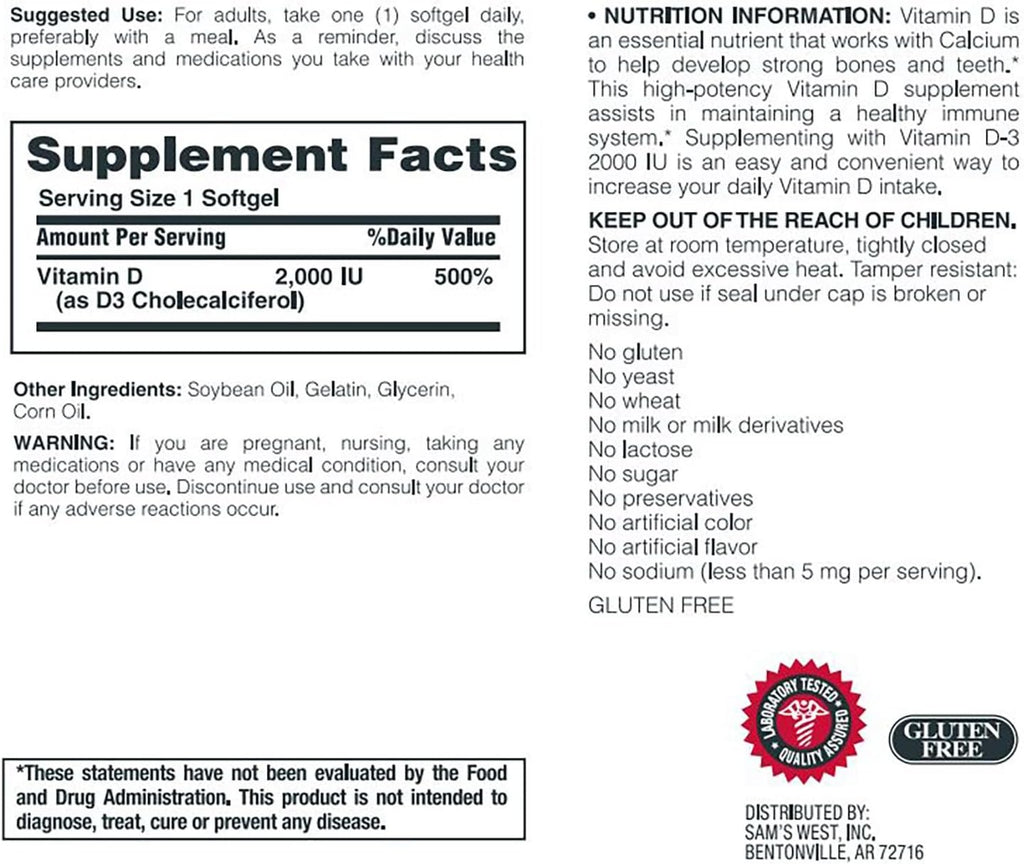 Member's Mark Vitamina D3 2000 UI - 400 Comprimidos