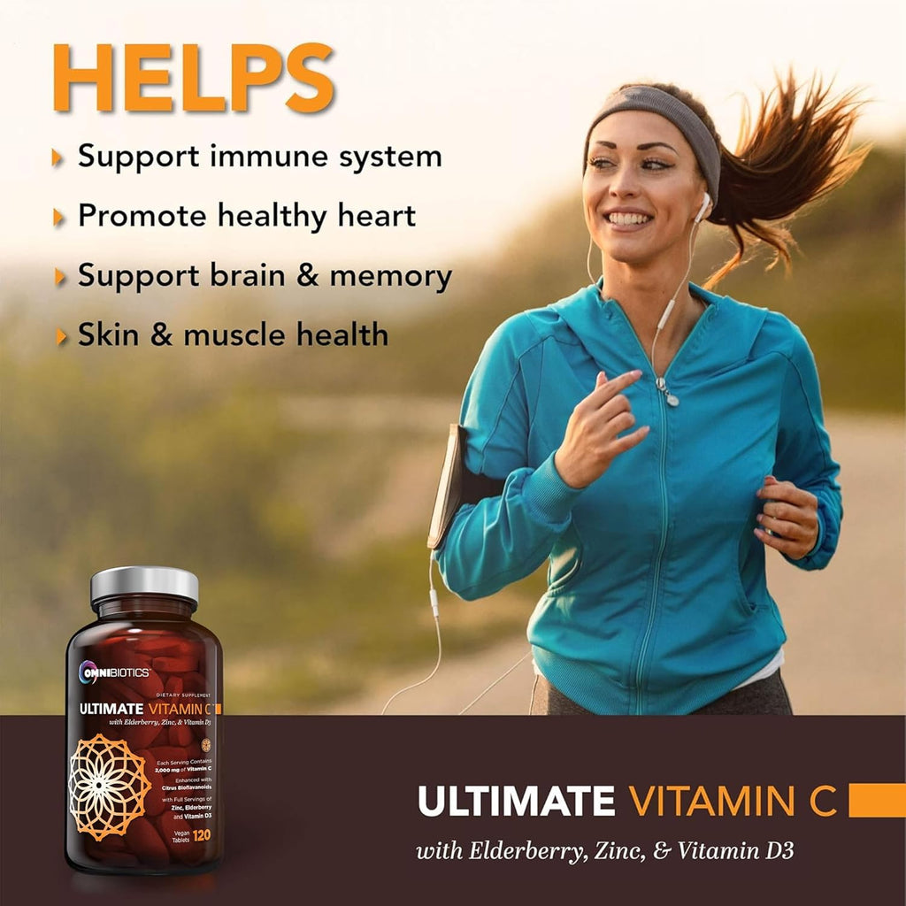 OmniBiotics Ultimate Vitamina C 2000 mg con Zinc, Saúco y D3 – 120 Comprimidos Veganos