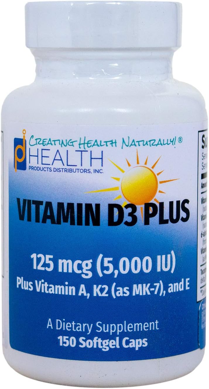 Vitamina D3 Plus - 125 mcg (5000 UI) Vitamina D3, Vitamina K2 (MK-7) y Vitamina A | Incluye Tocoferoles | 150 Cápsulas Blandas