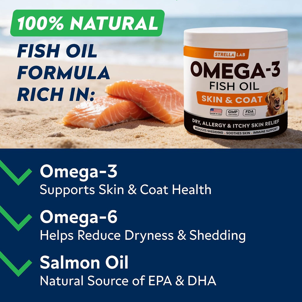 STRELLALAB Omega 3 for Dogs - 180 Golosinas de Aceite de Salmón - Alivio de Alergias y Picazón - Suplemento para Piel y Pelaje Seco - Tratamiento Anti-Caída y Puntos Calientes - Sabor a Pollo