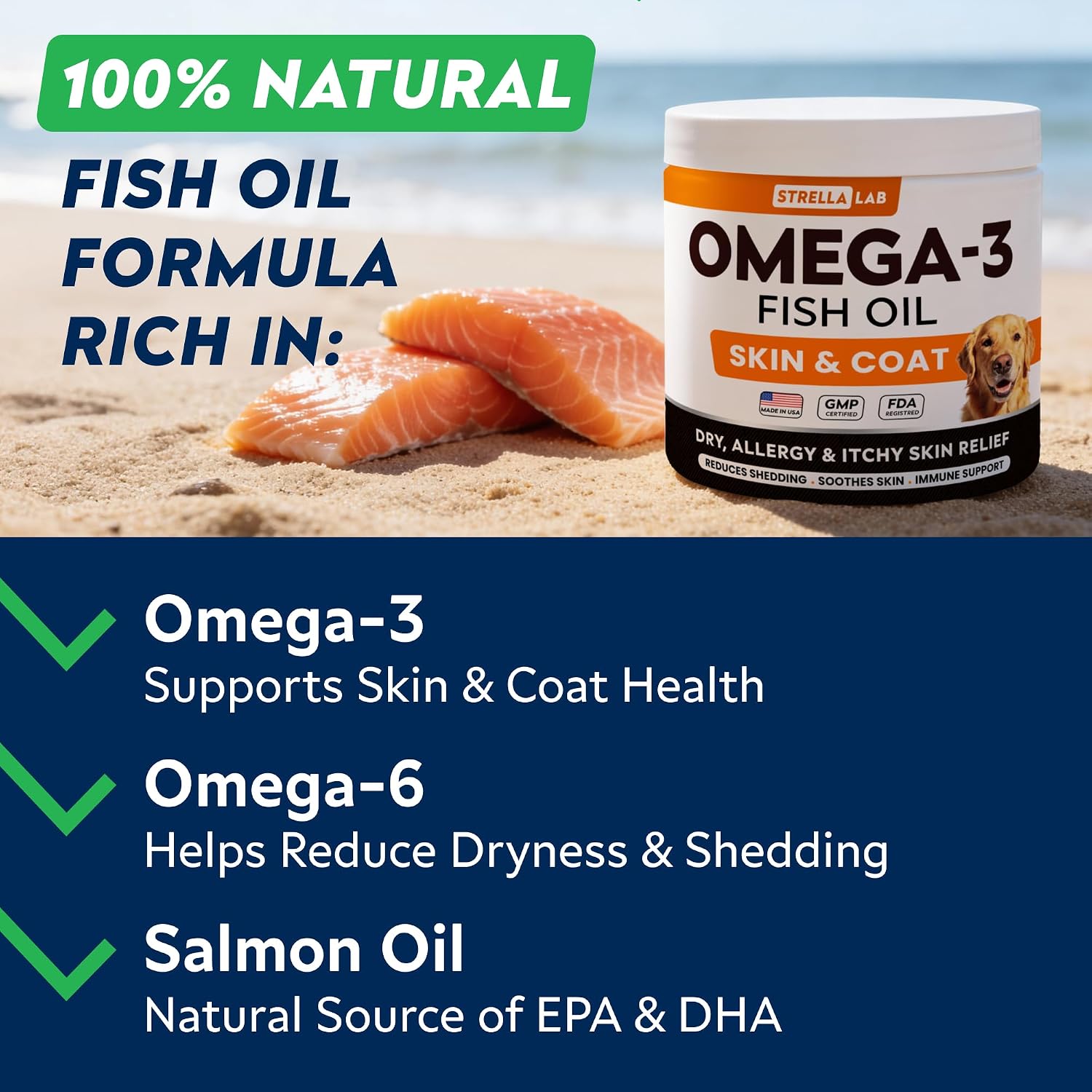 STRELLALAB Omega 3 for Dogs - 180 Golosinas de Aceite de Salmón - Alivio de Alergias y Picazón - Suplemento para Piel y Pelaje Seco - Tratamiento Anti-Caída y Puntos Calientes - Sabor a Pollo