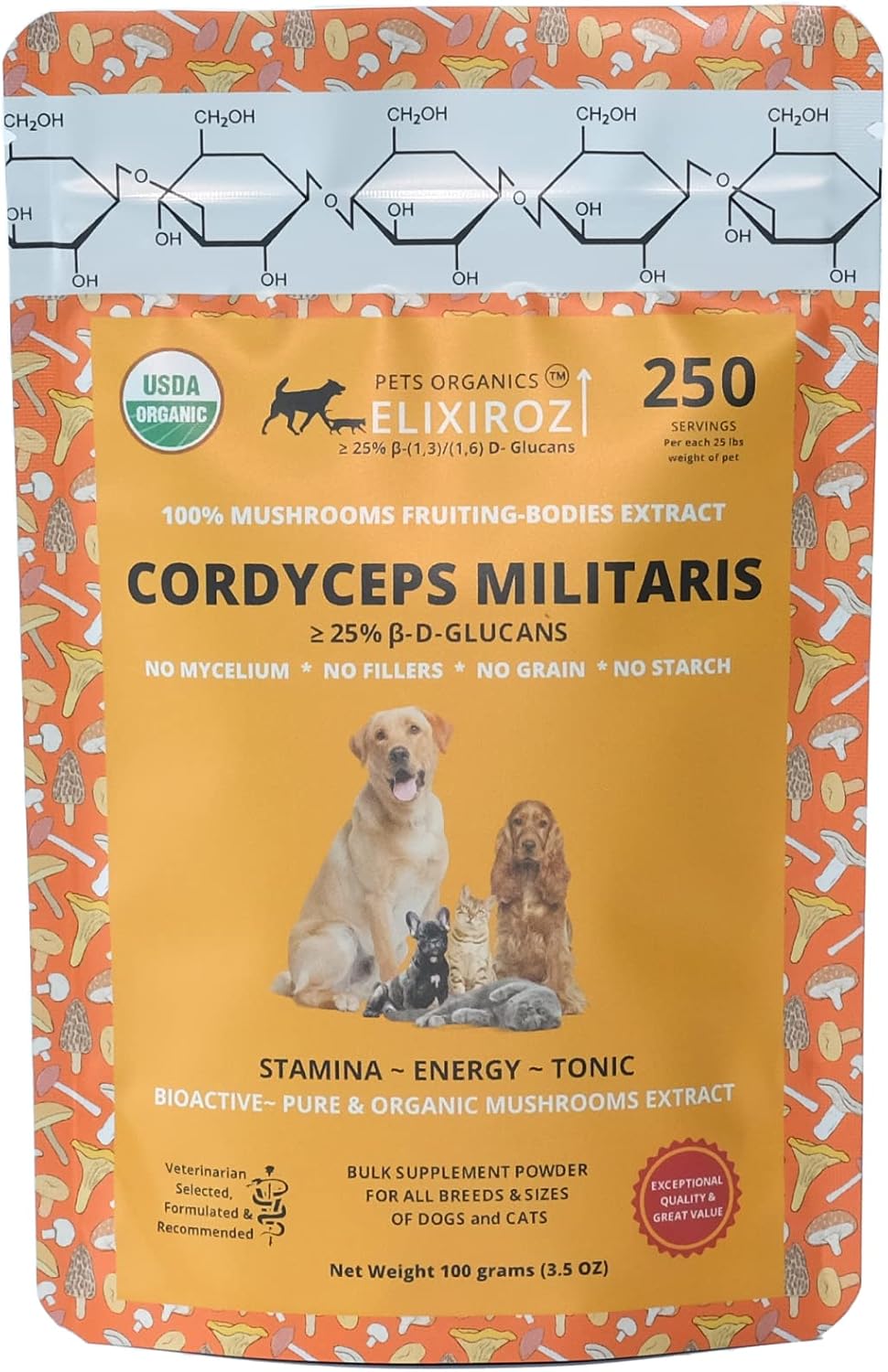 Extracto de Cordyceps para Perros y Gatos – 25%+ Beta Glucanos – Cuerpo Fructífero – 250 Dosis