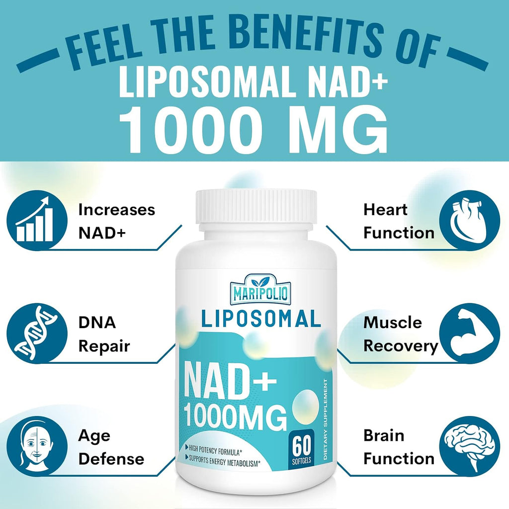 Maripolio NAD+ Liposomal 1000 mg | Alta Biodisponibilidad | Apoyo al Metabolismo Energético Celular | Suplemento de NAD+ Puro para Hombres y Mujeres, 60 Cápsulas Blandas