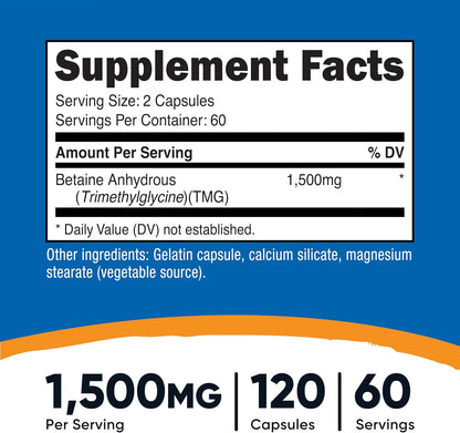 Nutricost Betaína Anhidra 1500mg, 120 Cápsulas – Image 2