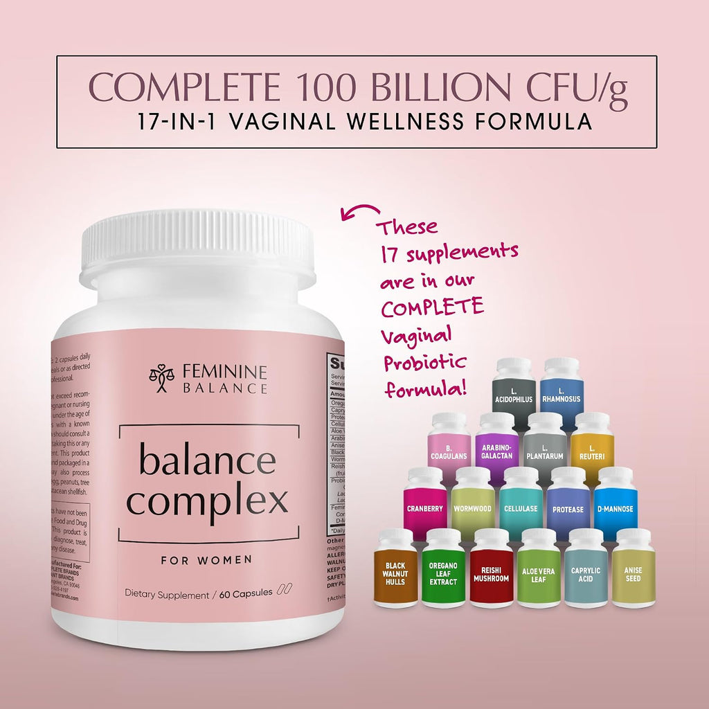 Balance Complex 17-en-1 Salud Vaginal Probióticos 100 mil millones con Arándano Rojo y D-Manosa, 60 Cápsulas