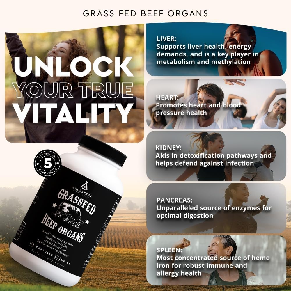 Ancestral Supplements Suplemento de Órganos de Res Alimentados con Pasto - Mezcla de Hígado, Corazón, Riñón, Páncreas, Bazo - Liofilizado - No GMO - 180 Cápsulas