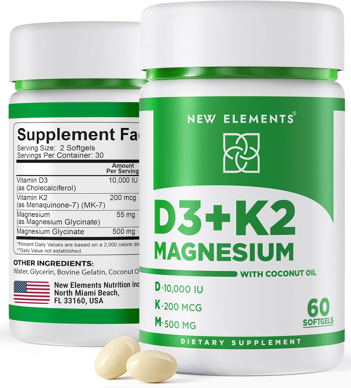 New Elements Vitamina D3 K2 10.000 UI con Magnesio Glicinato 500mg - 60 Cápsulas Blandas