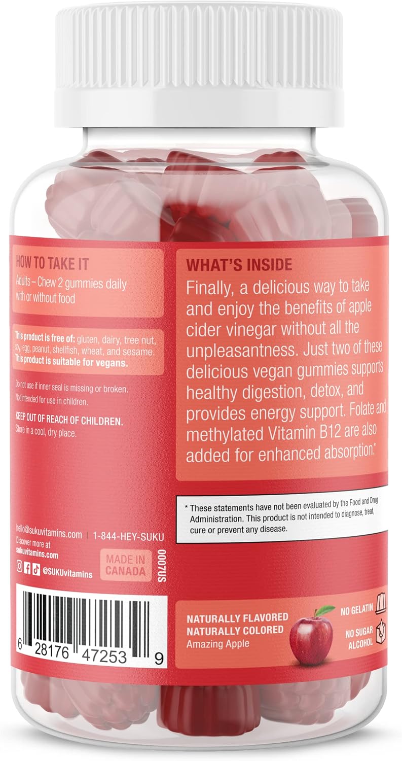 SUKU Appley Ever After Gummies – Vinagre de Manzana con B12 y Folato Metilados – Sin Azúcar, Vegano – 50 Gominolas