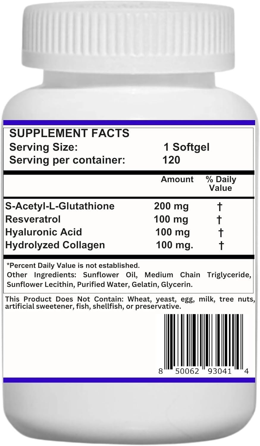 Nikoni Liposomal S-Acetil L-Glutation, Resveratrol, Ácido Hialurónico y Colágeno, 500 mg, 120 Cápsulas Blandas